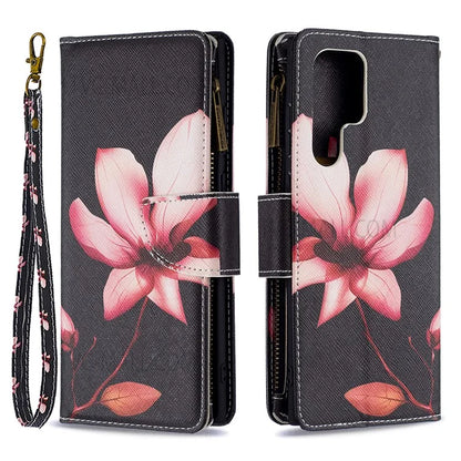 BF03 Pattern Printing PU Leather Magnetic Zipper Pocket Case Stand Flip Wallet Phone Cover with Strap for Samsung Galaxy S22 Ultra 5G
