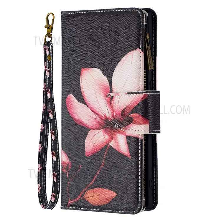 BF03 Pattern Printing PU Leather Magnetic Zipper Pocket Case Stand Flip Wallet Phone Cover with Strap for Samsung Galaxy S22 Ultra 5G