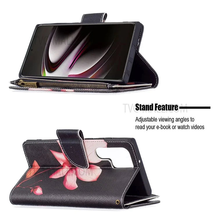 BF03 Pattern Printing PU Leather Magnetic Zipper Pocket Case Stand Flip Wallet Phone Cover with Strap for Samsung Galaxy S22 Ultra 5G