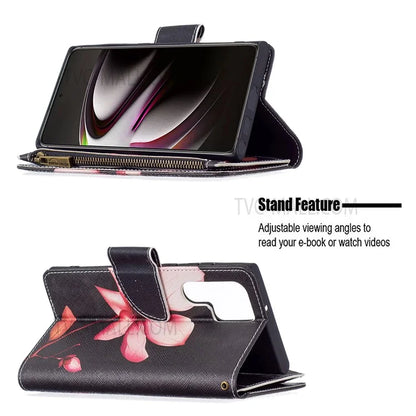 BF03 Pattern Printing PU Leather Magnetic Zipper Pocket Case Stand Flip Wallet Phone Cover with Strap for Samsung Galaxy S22 Ultra 5G