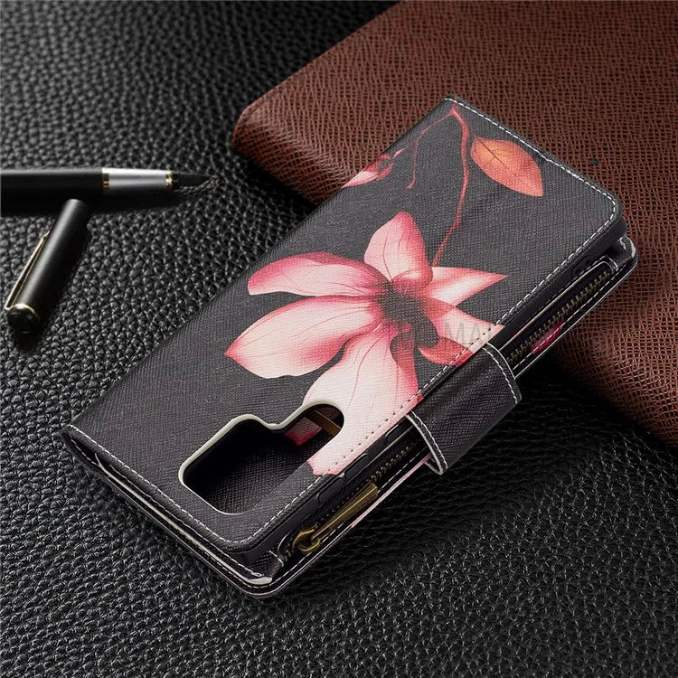BF03 Pattern Printing PU Leather Magnetic Zipper Pocket Case Stand Flip Wallet Phone Cover with Strap for Samsung Galaxy S22 Ultra 5G