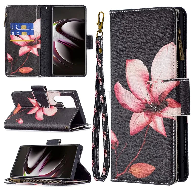 BF03 Pattern Printing PU Leather Magnetic Zipper Pocket Case Stand Flip Wallet Phone Cover with Strap for Samsung Galaxy S22 Ultra 5G