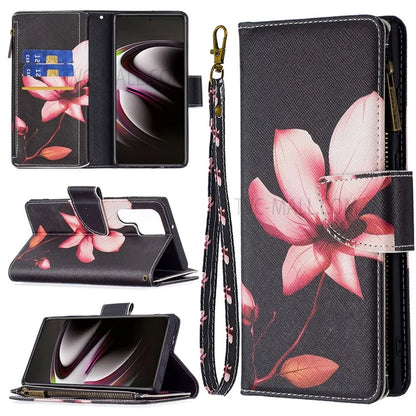 BF03 Pattern Printing PU Leather Magnetic Zipper Pocket Case Stand Flip Wallet Phone Cover with Strap for Samsung Galaxy S22 Ultra 5G