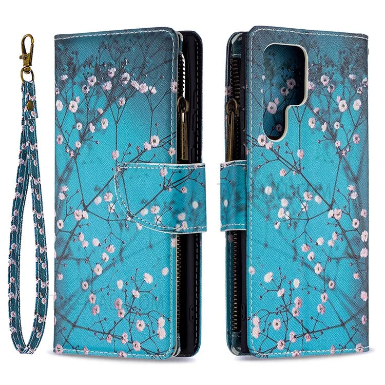 BF03 Pattern Printing PU Leather Magnetic Zipper Pocket Case Stand Flip Wallet Phone Cover with Strap for Samsung Galaxy S22 Ultra 5G