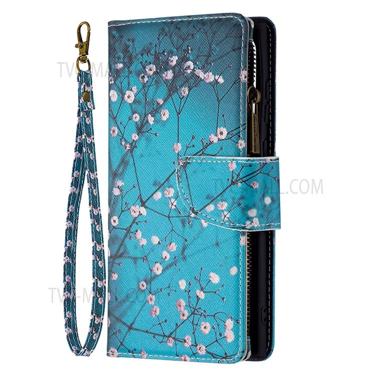 BF03 Pattern Printing PU Leather Magnetic Zipper Pocket Case Stand Flip Wallet Phone Cover with Strap for Samsung Galaxy S22 Ultra 5G