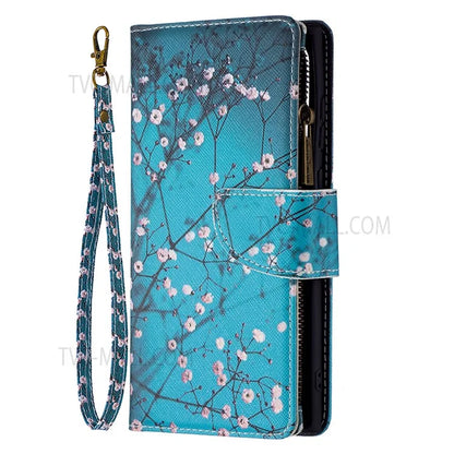 BF03 Pattern Printing PU Leather Magnetic Zipper Pocket Case Stand Flip Wallet Phone Cover with Strap for Samsung Galaxy S22 Ultra 5G