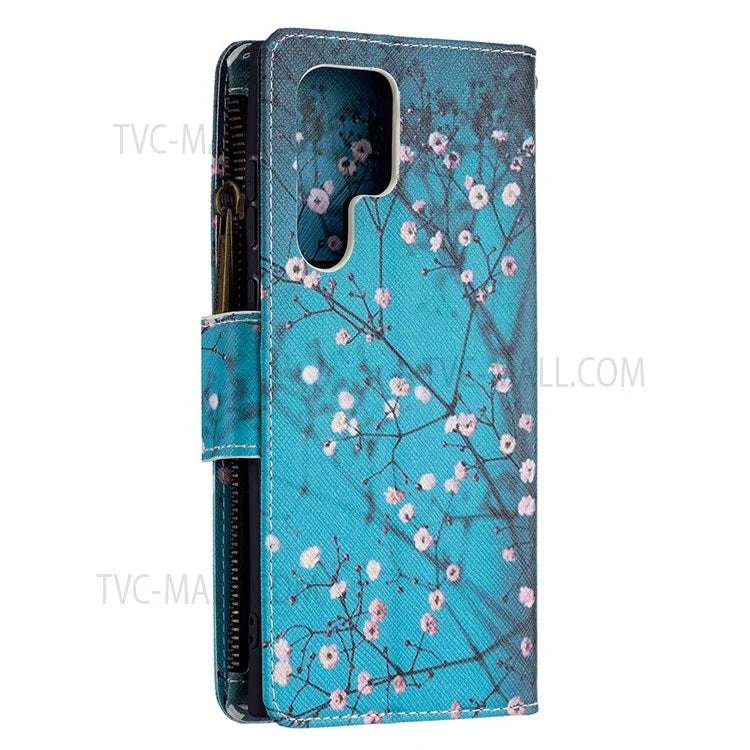 BF03 Pattern Printing PU Leather Magnetic Zipper Pocket Case Stand Flip Wallet Phone Cover with Strap for Samsung Galaxy S22 Ultra 5G
