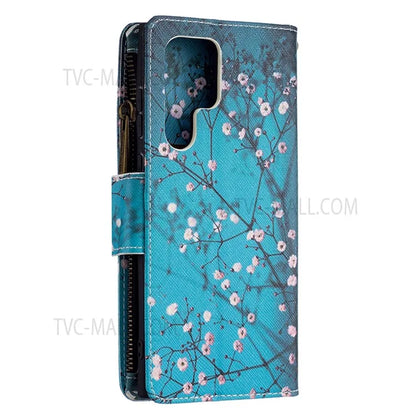 BF03 Pattern Printing PU Leather Magnetic Zipper Pocket Case Stand Flip Wallet Phone Cover with Strap for Samsung Galaxy S22 Ultra 5G