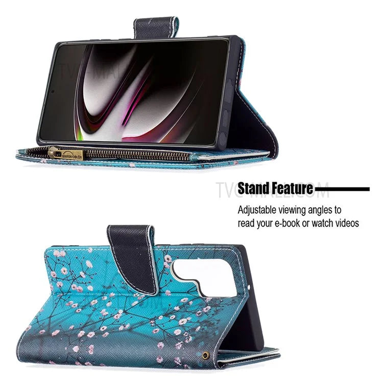 BF03 Pattern Printing PU Leather Magnetic Zipper Pocket Case Stand Flip Wallet Phone Cover with Strap for Samsung Galaxy S22 Ultra 5G