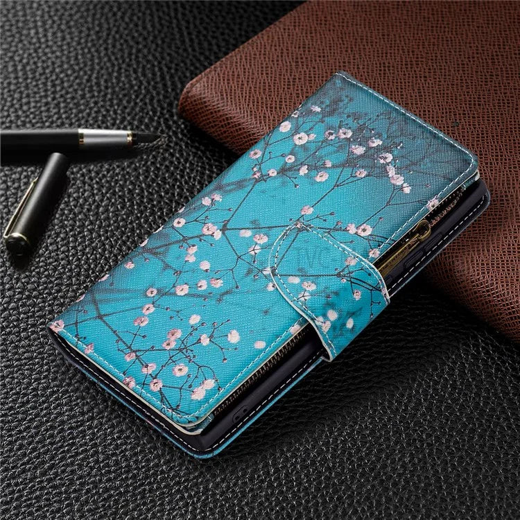 BF03 Pattern Printing PU Leather Magnetic Zipper Pocket Case Stand Flip Wallet Phone Cover with Strap for Samsung Galaxy S22 Ultra 5G