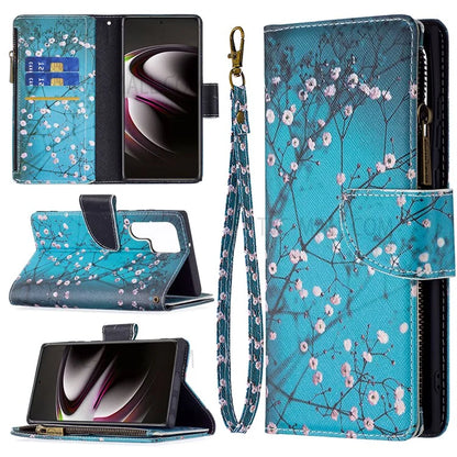 BF03 Pattern Printing PU Leather Magnetic Zipper Pocket Case Stand Flip Wallet Phone Cover with Strap for Samsung Galaxy S22 Ultra 5G