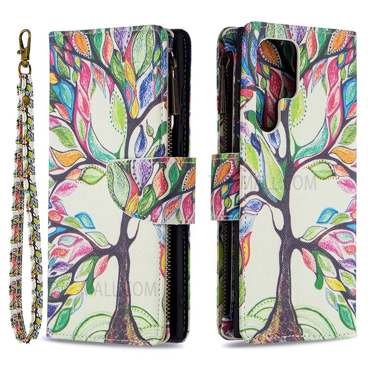 BF03 Pattern Printing PU Leather Magnetic Zipper Pocket Case Stand Flip Wallet Phone Cover with Strap for Samsung Galaxy S22 Ultra 5G