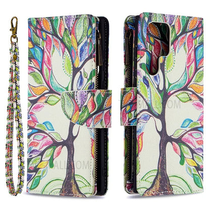 BF03 Pattern Printing PU Leather Magnetic Zipper Pocket Case Stand Flip Wallet Phone Cover with Strap for Samsung Galaxy S22 Ultra 5G