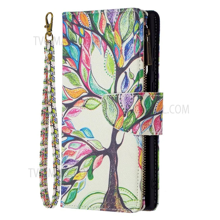 BF03 Pattern Printing PU Leather Magnetic Zipper Pocket Case Stand Flip Wallet Phone Cover with Strap for Samsung Galaxy S22 Ultra 5G