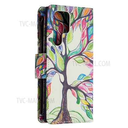 BF03 Pattern Printing PU Leather Magnetic Zipper Pocket Case Stand Flip Wallet Phone Cover with Strap for Samsung Galaxy S22 Ultra 5G