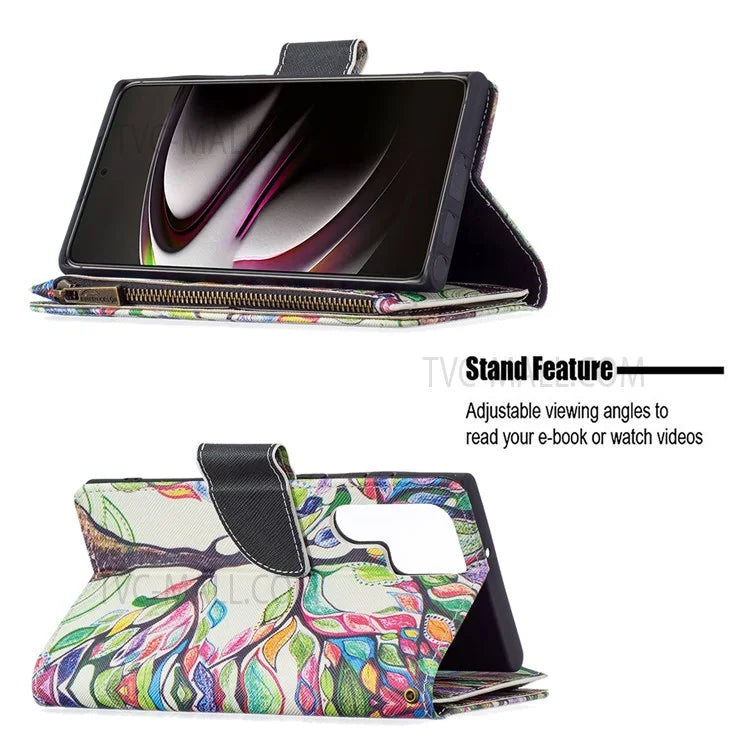 BF03 Pattern Printing PU Leather Magnetic Zipper Pocket Case Stand Flip Wallet Phone Cover with Strap for Samsung Galaxy S22 Ultra 5G