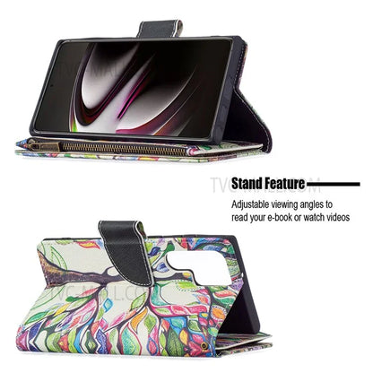 BF03 Pattern Printing PU Leather Magnetic Zipper Pocket Case Stand Flip Wallet Phone Cover with Strap for Samsung Galaxy S22 Ultra 5G