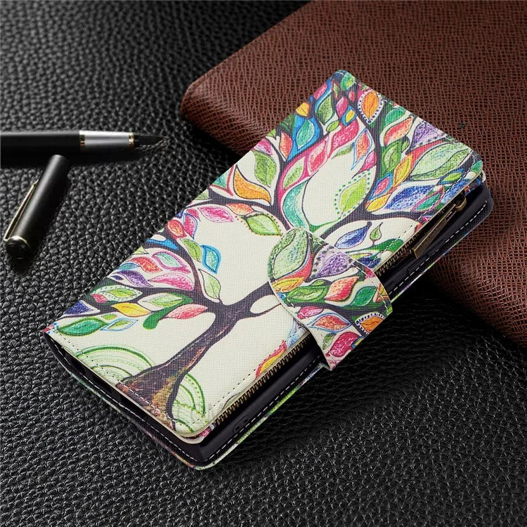 BF03 Pattern Printing PU Leather Magnetic Zipper Pocket Case Stand Flip Wallet Phone Cover with Strap for Samsung Galaxy S22 Ultra 5G