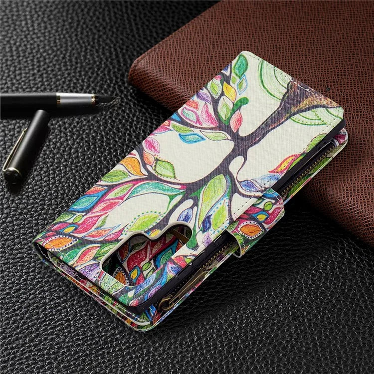 BF03 Pattern Printing PU Leather Magnetic Zipper Pocket Case Stand Flip Wallet Phone Cover with Strap for Samsung Galaxy S22 Ultra 5G