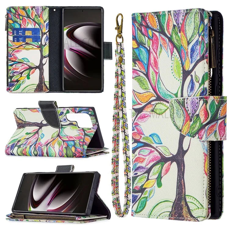 BF03 Pattern Printing PU Leather Magnetic Zipper Pocket Case Stand Flip Wallet Phone Cover with Strap for Samsung Galaxy S22 Ultra 5G