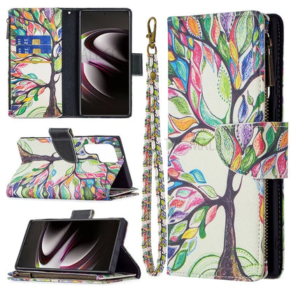 BF03 Pattern Printing PU Leather Magnetic Zipper Pocket Case Stand Flip Wallet Phone Cover with Strap for Samsung Galaxy S22 Ultra 5G