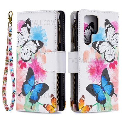 BF03 Pattern Printing PU Leather Magnetic Zipper Pocket Case Stand Flip Wallet Phone Cover with Strap for Samsung Galaxy S22 Ultra 5G
