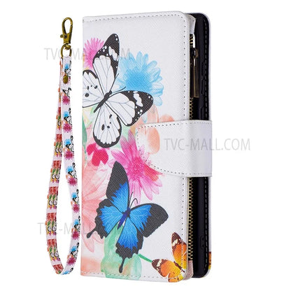 BF03 Pattern Printing PU Leather Magnetic Zipper Pocket Case Stand Flip Wallet Phone Cover with Strap for Samsung Galaxy S22 Ultra 5G
