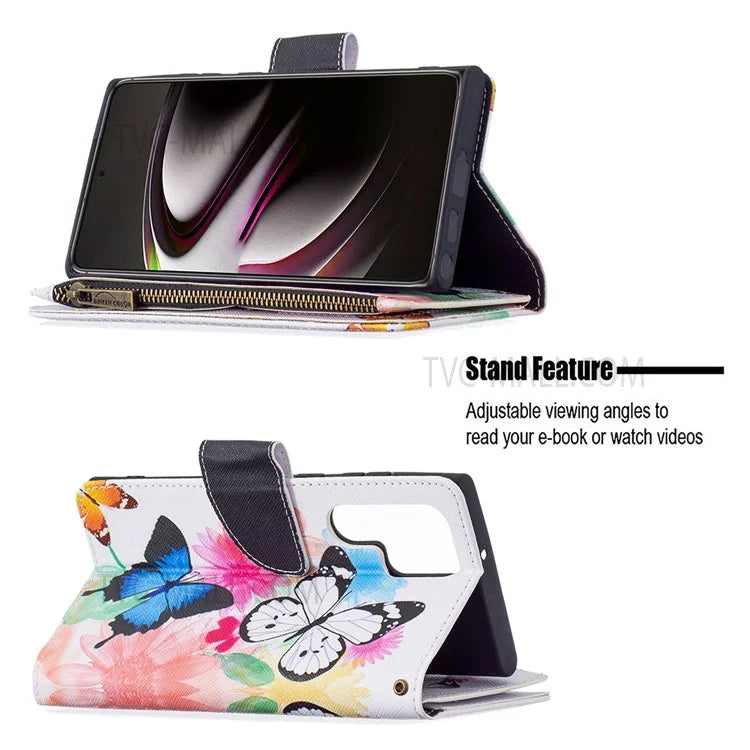 BF03 Pattern Printing PU Leather Magnetic Zipper Pocket Case Stand Flip Wallet Phone Cover with Strap for Samsung Galaxy S22 Ultra 5G