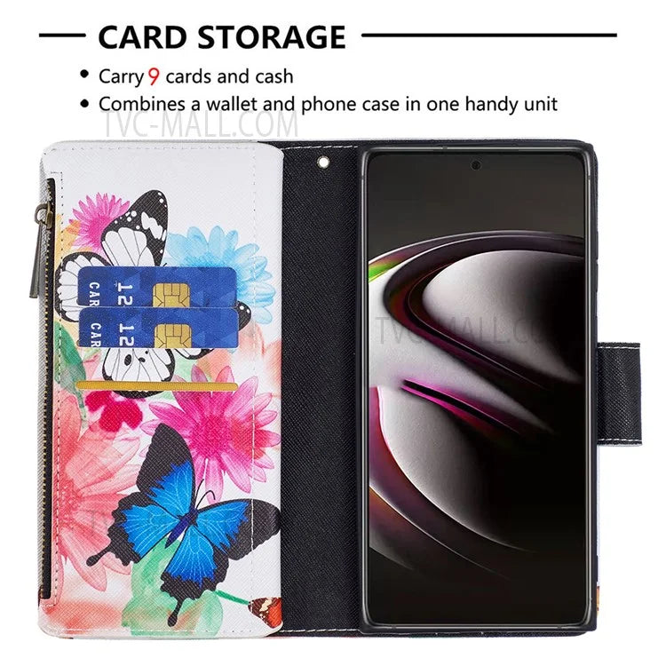 BF03 Pattern Printing PU Leather Magnetic Zipper Pocket Case Stand Flip Wallet Phone Cover with Strap for Samsung Galaxy S22 Ultra 5G