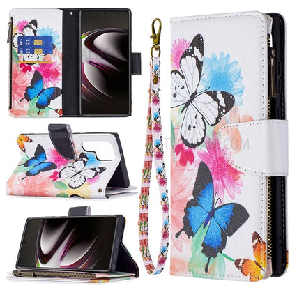 BF03 Pattern Printing PU Leather Magnetic Zipper Pocket Case Stand Flip Wallet Phone Cover with Strap for Samsung Galaxy S22 Ultra 5G