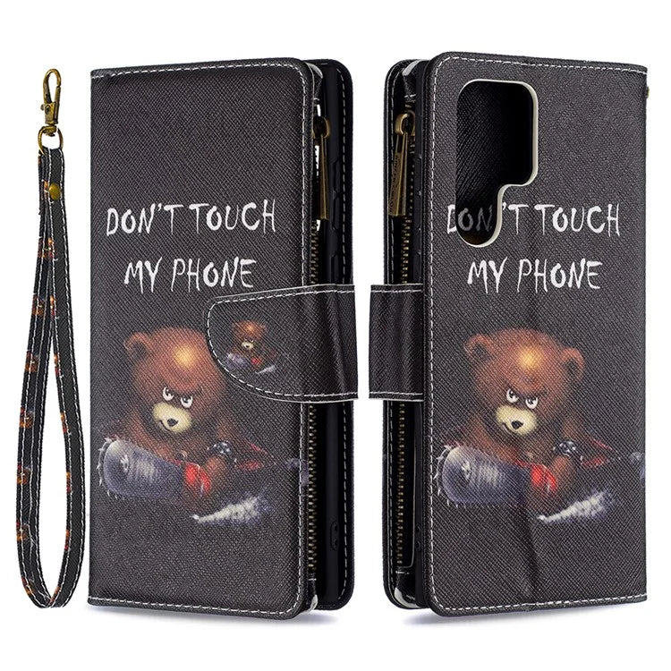 BF03 Pattern Printing PU Leather Magnetic Zipper Pocket Case Stand Flip Wallet Phone Cover with Strap for Samsung Galaxy S22 Ultra 5G