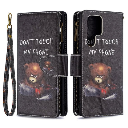 BF03 Pattern Printing PU Leather Magnetic Zipper Pocket Case Stand Flip Wallet Phone Cover with Strap for Samsung Galaxy S22 Ultra 5G