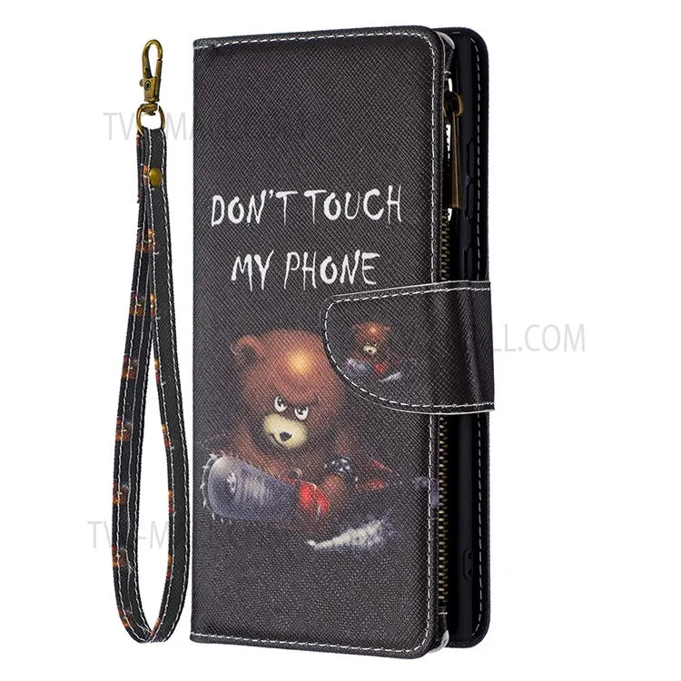 BF03 Pattern Printing PU Leather Magnetic Zipper Pocket Case Stand Flip Wallet Phone Cover with Strap for Samsung Galaxy S22 Ultra 5G