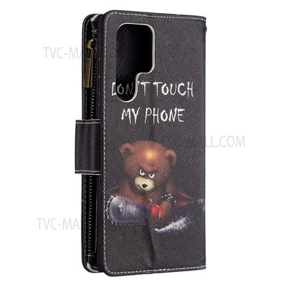 BF03 Pattern Printing PU Leather Magnetic Zipper Pocket Case Stand Flip Wallet Phone Cover with Strap for Samsung Galaxy S22 Ultra 5G