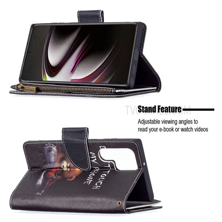 BF03 Pattern Printing PU Leather Magnetic Zipper Pocket Case Stand Flip Wallet Phone Cover with Strap for Samsung Galaxy S22 Ultra 5G