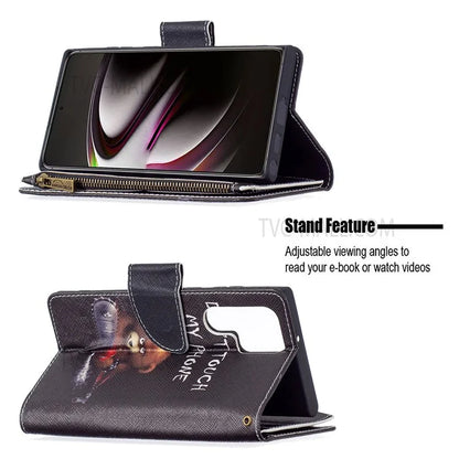 BF03 Pattern Printing PU Leather Magnetic Zipper Pocket Case Stand Flip Wallet Phone Cover with Strap for Samsung Galaxy S22 Ultra 5G
