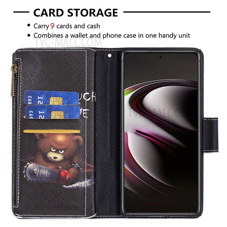 BF03 Pattern Printing PU Leather Magnetic Zipper Pocket Case Stand Flip Wallet Phone Cover with Strap for Samsung Galaxy S22 Ultra 5G