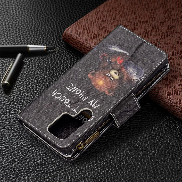 BF03 Pattern Printing PU Leather Magnetic Zipper Pocket Case Stand Flip Wallet Phone Cover with Strap for Samsung Galaxy S22 Ultra 5G