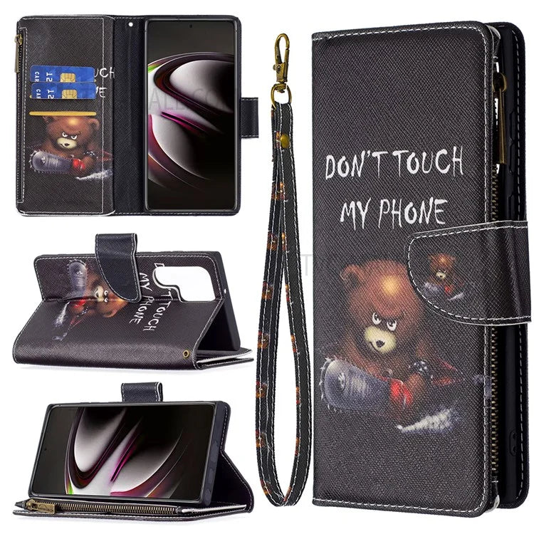 BF03 Pattern Printing PU Leather Magnetic Zipper Pocket Case Stand Flip Wallet Phone Cover with Strap for Samsung Galaxy S22 Ultra 5G