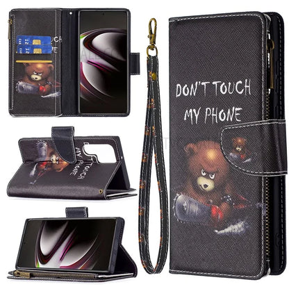BF03 Pattern Printing PU Leather Magnetic Zipper Pocket Case Stand Flip Wallet Phone Cover with Strap for Samsung Galaxy S22 Ultra 5G