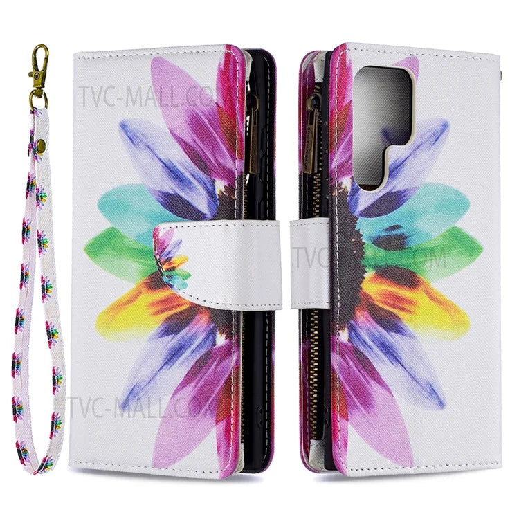 BF03 Pattern Printing PU Leather Magnetic Zipper Pocket Case Stand Flip Wallet Phone Cover with Strap for Samsung Galaxy S22 Ultra 5G