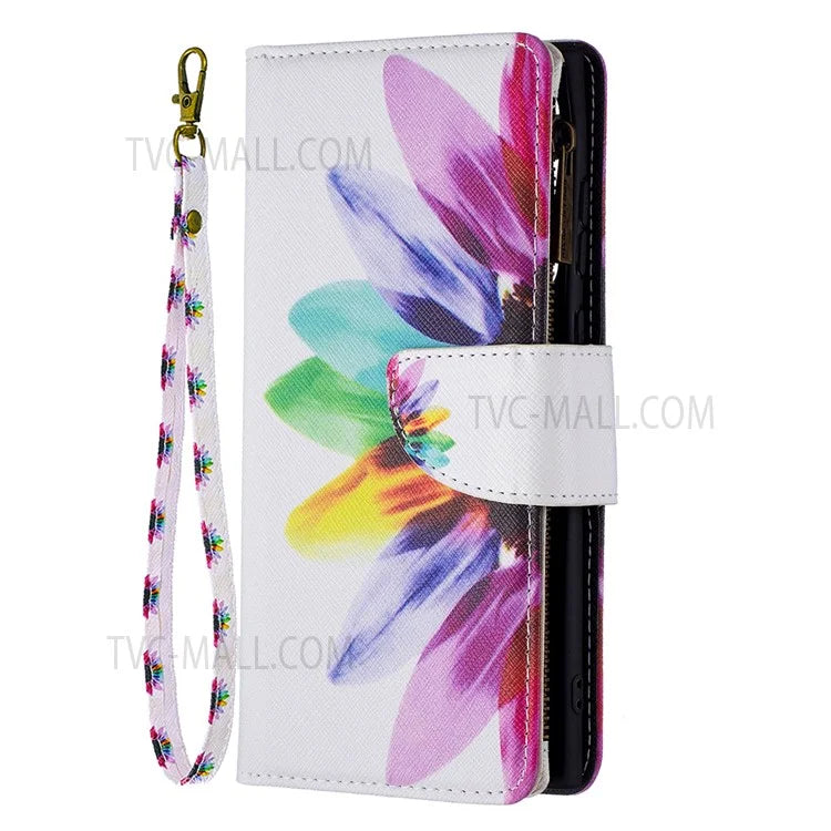 BF03 Pattern Printing PU Leather Magnetic Zipper Pocket Case Stand Flip Wallet Phone Cover with Strap for Samsung Galaxy S22 Ultra 5G