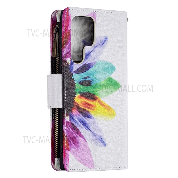 BF03 Pattern Printing PU Leather Magnetic Zipper Pocket Case Stand Flip Wallet Phone Cover with Strap for Samsung Galaxy S22 Ultra 5G