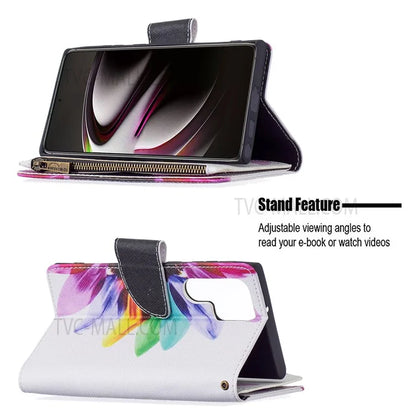BF03 Pattern Printing PU Leather Magnetic Zipper Pocket Case Stand Flip Wallet Phone Cover with Strap for Samsung Galaxy S22 Ultra 5G