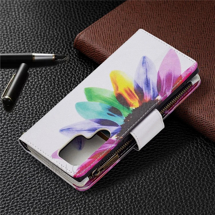BF03 Pattern Printing PU Leather Magnetic Zipper Pocket Case Stand Flip Wallet Phone Cover with Strap for Samsung Galaxy S22 Ultra 5G