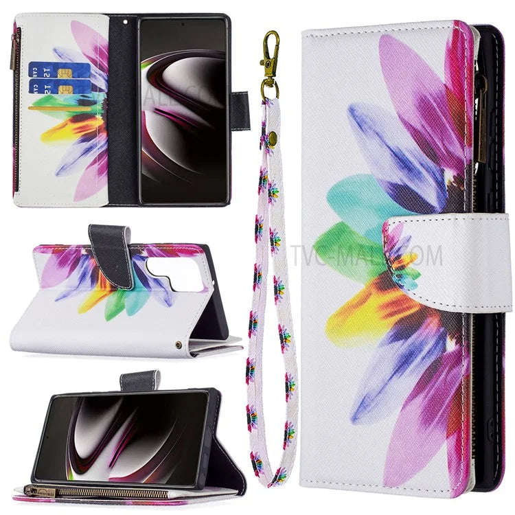 BF03 Pattern Printing PU Leather Magnetic Zipper Pocket Case Stand Flip Wallet Phone Cover with Strap for Samsung Galaxy S22 Ultra 5G