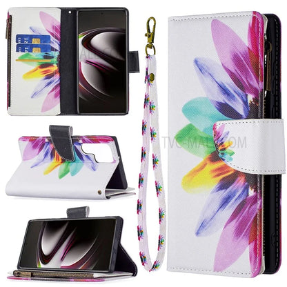 BF03 Pattern Printing PU Leather Magnetic Zipper Pocket Case Stand Flip Wallet Phone Cover with Strap for Samsung Galaxy S22 Ultra 5G