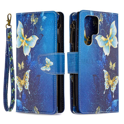 BF03 Pattern Printing PU Leather Magnetic Zipper Pocket Case Stand Flip Wallet Phone Cover with Strap for Samsung Galaxy S22 Ultra 5G