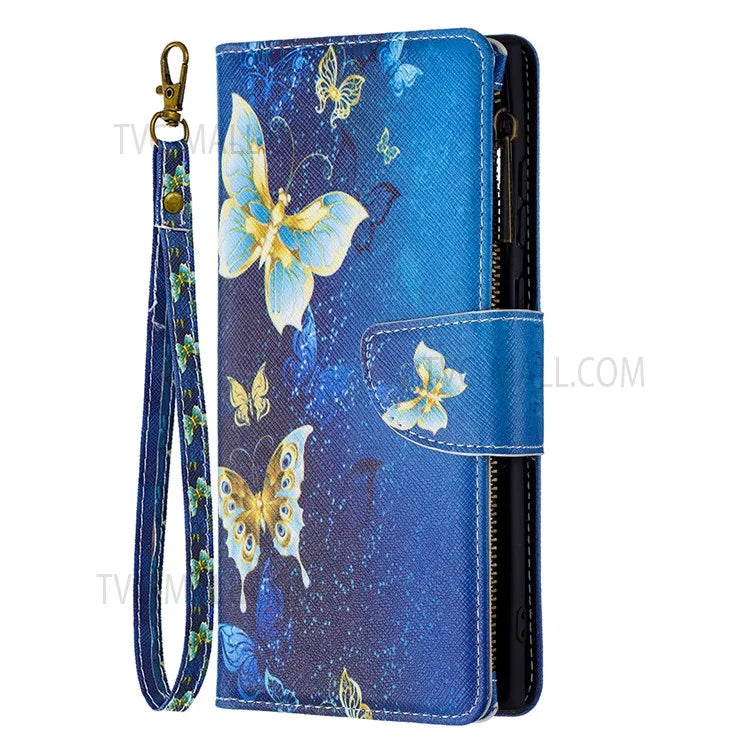 BF03 Pattern Printing PU Leather Magnetic Zipper Pocket Case Stand Flip Wallet Phone Cover with Strap for Samsung Galaxy S22 Ultra 5G