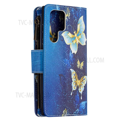 BF03 Pattern Printing PU Leather Magnetic Zipper Pocket Case Stand Flip Wallet Phone Cover with Strap for Samsung Galaxy S22 Ultra 5G